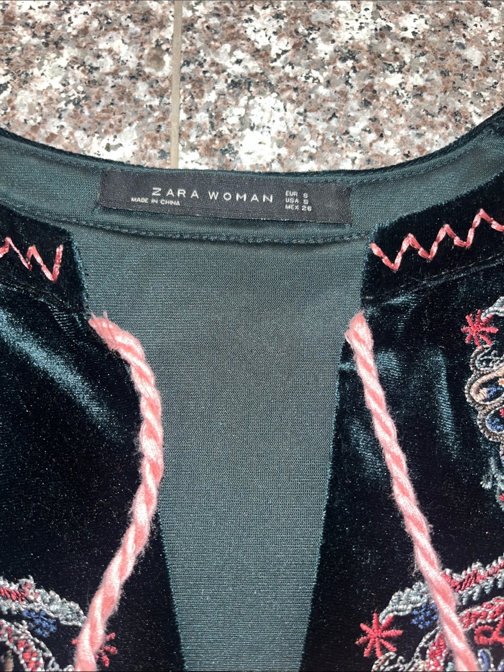Zara green Velvet Embroidered Babydoll Dress with Pink Accents - Picture 9 of 10